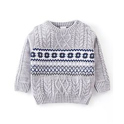 Babyhug Knit Full Sleeves Cable Knit  Sweater With Design - Grey