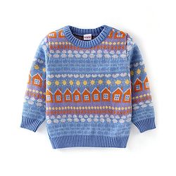 Babyhug Knit Full Sleeves Sweater with House Design - Blue