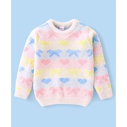 Babyhug Full Sleeves Sweater Heart & Bow Design- White Pink & Blue