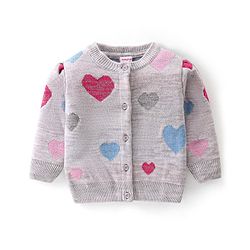 Babyhug Knit Full Sleeves Front Open Sweater with Heart Design - Light Grey