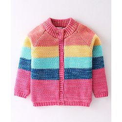 Babyhug Full Sleeves Front Open Solid Colour Stripes  Sweaters - Multicolour
