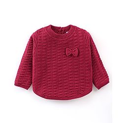 Babyhug Full Sleeves Sweater With Bow Applique Cable Knit Design- Fuchsia