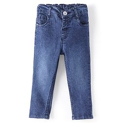 Babyhug Cotton Full Length Stretchable Denim Jeans with Mock Fly open detail Solid Colour  With Mock Fly  -Dark  Blue