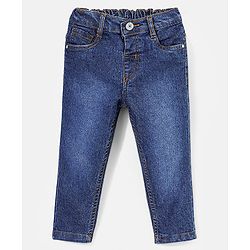 Babyhug Cotton Full Length Stretchable Denim Jeans with Mock Fly open detail Solid Colour  With Mock Fly  -Mid  Blue