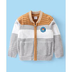 Babyhug Knit Full Sleeves Sweater With Cable Knit Design & Embroidery - White Brown & Grey