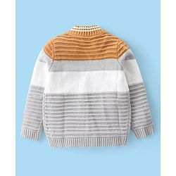 Babyhug Knit Full Sleeves Sweater With Cable Knit Design & Embroidery - White Brown & Grey