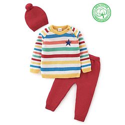 Babyhug Knit Full Sleeves Sweater Set Striped - Red