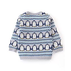 Babyhug Organic Cotton Full Sleeves Sweater Set with Cap Penguin Design - Grey & Navy