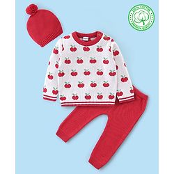Babyhug Organic Cotton Full Sleeves Sweater Set with Cap Cherry Design - Off White & Red
