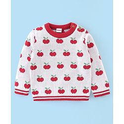Babyhug Organic Cotton Full Sleeves Sweater Set with Cap Cherry Design - Off White & Red