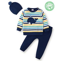 Babyhug Organic Cotton Full Sleeves Sweater Set with Cap Whale Embroidery Striped Design - Multicolour