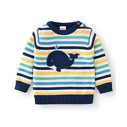Babyhug Organic Cotton Full Sleeves Sweater Set with Cap Whale Embroidery Striped Design - Multicolour
