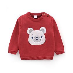 Babyhug Knit Full Sleeves Sweater Set Teddy Embroidery - Red