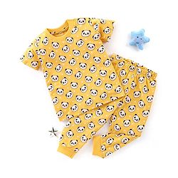 Babyhug Cotton Knit Half Sleeves Panda Printed Night Suit - Yellow