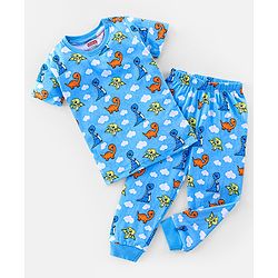 Babyhug Cotton Knit Half Sleeves Night Suit with Dino Print - Blue