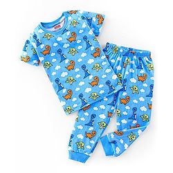 Babyhug Cotton Knit Half Sleeves Night Suit with Dino Print - Blue