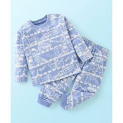 Babyhug Cotton Jersey Full Sleeves Night Suit Trucks Print - Blue