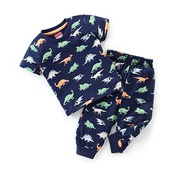 Babyhug Cotton Knit Half Sleeves Night Suit with Dino Print - Navy Blue