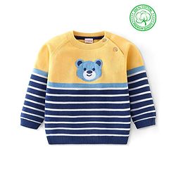 Babyhug Organic Cotton Knit Full Sleeves Striped Sweater with Teddy Applique - Navy & Yellow