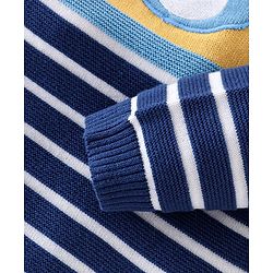 Babyhug Organic Cotton Knit Full Sleeves Striped Sweater with Teddy Applique - Navy & Yellow