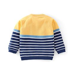 Babyhug Organic Cotton Knit Full Sleeves Striped Sweater with Teddy Applique - Navy & Yellow