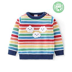 Babyhug Organic Cotton Knit Full Sleeves Striped Sweater with Clouds Applique - Multicolour