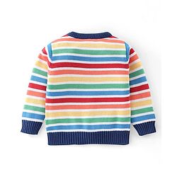 Babyhug Organic Cotton Knit Full Sleeves Striped Sweater with Clouds Applique - Multicolour