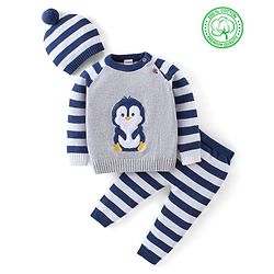 Babyhug Organic Cotton Knit Full Sleeves Striped Sweater Set with Penguin Design - Navy & Grey