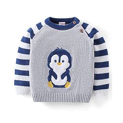 Babyhug Organic Cotton Knit Full Sleeves Striped Sweater Set with Penguin Design - Navy & Grey