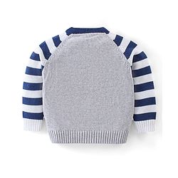 Babyhug Organic Cotton Knit Full Sleeves Striped Sweater Set with Penguin Design - Navy & Grey
