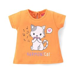 Babyhug Cotton Half Sleeves Tee With Kitty Graphics- Orange