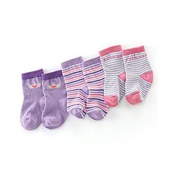 Cutewalk By Babyhug Cotton Anti Bacterial Ankle Length Striped Socks Pack of 3 - Purple & Pink