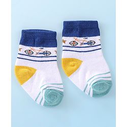 Cutewalk By Babyhug Anti Bacterial Ankle Length Socks Stripes & Bicycle Design Pack of 3- White & Blue