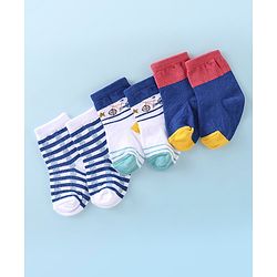 Cutewalk By Babyhug Anti Bacterial Ankle Length Socks Stripes & Bicycle Design Pack of 3- White & Blue