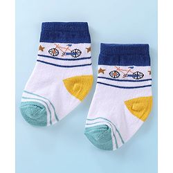 Cutewalk By Babyhug Anti Bacterial Ankle Length Socks Stripes & Bicycle Design Pack of 3- White & Blue
