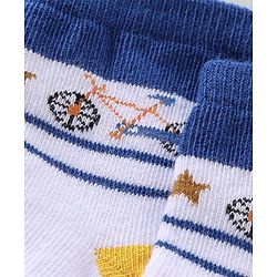 Cutewalk By Babyhug Anti Bacterial Ankle Length Socks Stripes & Bicycle Design Pack of 3- White & Blue