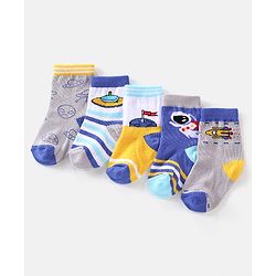 Cutewalk By Babyhug Cotton Anti Bacterial Ankle Length Space Design Socks Pack of 5 - Grey Blue & White