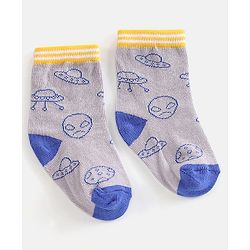 Cutewalk By Babyhug Cotton Anti Bacterial Ankle Length Space Design Socks Pack of 5 - Grey Blue & White