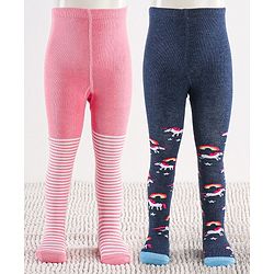 Cutewalk by Babyhug Non Terry Footed Anti-Bacterial Unicorn Design Tights Pack of 2 - Pink & Navy