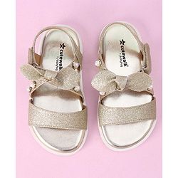 Cute Walk by Babyhug Velcro Closure Formal & Party Wear Embellished Sandals with Bow Applique - Gold