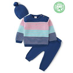 Babyhug Organic Cotton Knit Full Sleeves Striped Sweater Set - Pink & Blue