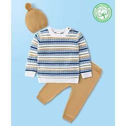 Babyhug Organic Cotton Knit Full Sleeves Striped Sweater Set - Mustard & Blue