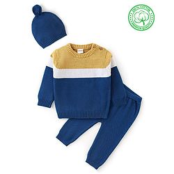 Babyhug Organic Cotton Full Sleeves Sweater Set Color Block Design- Mustard & Blue