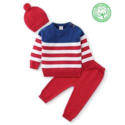 Babyhug Organic Cotton Knit Full Sleeves Striped Sweater Set - Red & Blue