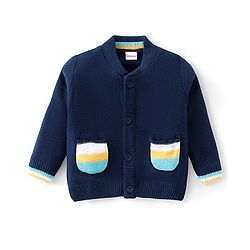 Babyhug Knitted Full Sleeves Front Open Sweater with Sequin Detailing & Pockets - Navy Blue