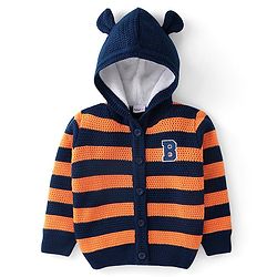 Babyhug  Knit Full Sleeves Hooded Sweater - Navy Blue & Orange