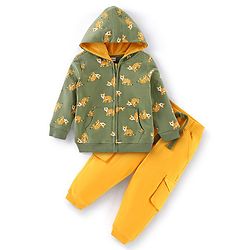 Babyhug 100% Cotton Full Sleeves Hooded T-Shirt & Lounge Pant Set Tiger Print- Green & Yellow