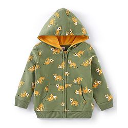 Babyhug 100% Cotton Full Sleeves Hooded T-Shirt & Lounge Pant Set Tiger Print- Green & Yellow