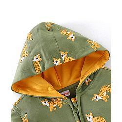 Babyhug 100% Cotton Full Sleeves Hooded T-Shirt & Lounge Pant Set Tiger Print- Green & Yellow