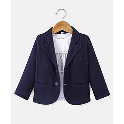 Babyhug Full Sleeves Party Blazer with T-Shirt Text Printed - Navy Blue & White